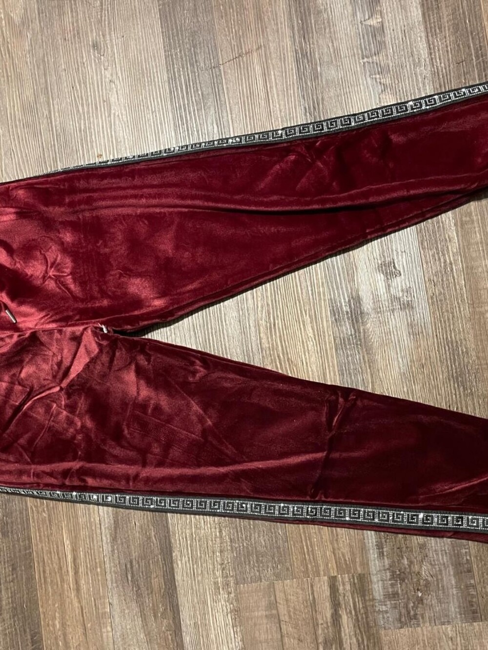 Burgundy Velvet Track Pants with Side Greek Key Trim
